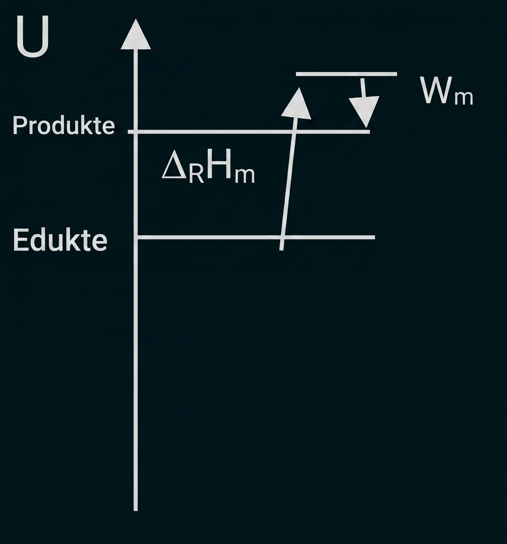 Energie-Diagramm: Edukte, Produkte, Reaktionsenthalpie ΔR Hm und Arbeit Wm eingezeichnet.